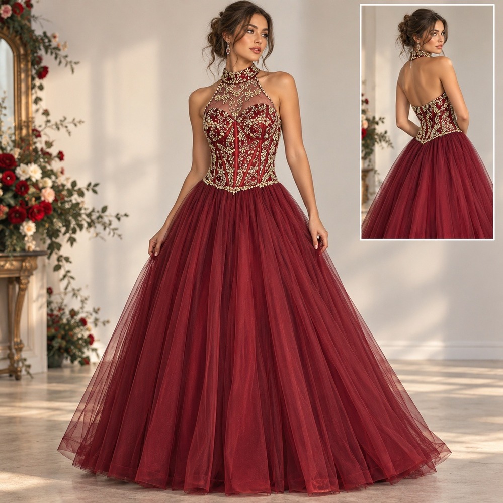 Izilady Burgundy Rhinestone Corset Tulle Ball Gown Halter Neck Prom Dress 12